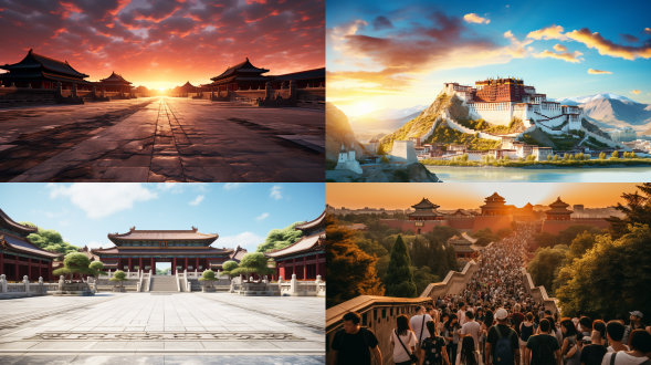 the ming dynasty palace is majestic and magnificent, with a wide-angle panoramic view and a sense of ancient cinema. it is magnificent and layered, with the setting sun shining on it. the grand architecture is solemn and imposing, with court figures, elaborate costumes, smiling faces, rich colors, and a mysterious atmosphere,ultra wide angle lens, oc, illusory engine, c4d, 8k，正面视角，金碧辉煌