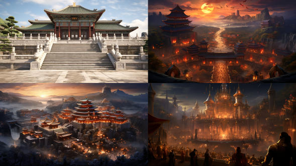 the ming dynasty palace is majestic and magnificent, with a wide-angle panoramic view and a sense of ancient cinema. it is magnificent and layered, with the setting sun shining on it. the grand architecture is solemn and imposing, with court figures, elaborate costumes, smiling faces, rich colors, and a mysterious atmosphere, oc, illusory engine, c4d, 8k，正面视角，金碧辉煌，three-dimensional reconstruction of cultural relic buildings, sense of technology, virtualization, chinese architecture, lingnan architecture, perspective view, rich in details, sense of the future, digital rendering, high resolution, cold color, ray tracing, accurate model, the integration of history and modernity.