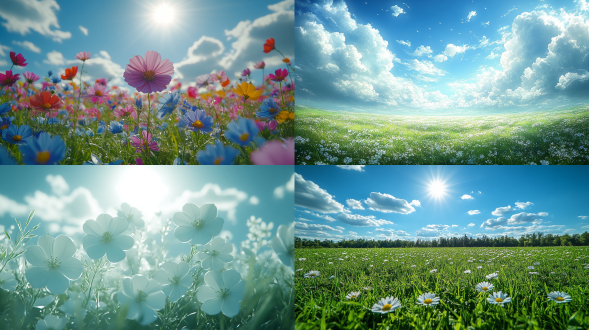 at sunrise, wildflowers on the grassland sway in the breeze, realistic illustration, macro close-up, sky blue sky with white clouds background, vibrant colors, clear details, dynamic capture, tranquil harmony. fresh and natural scenery, lush greenery, bright and cheerful sunshine, positive atmosphere, light of hope, realistic style, soft lighting, panoramic composition, vibrant colors, warm emotions. 16:9 high saturation.
