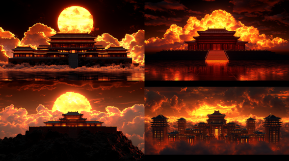 主体建筑不变，融入橘黄色夕阳云海,8k,c4d，oc