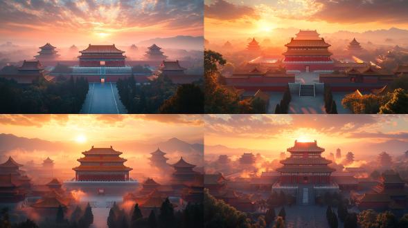 grand exterior view of han dynasty imperial palace complex, symmetrical layout, towering que gates, high stone platforms, sweeping double-eaved hip roofs with upturned eaves, vermilion pillars and golden decorations, intricate dougong brackets, mythical beast roof tiles, carved cloud patterns, misty morning with soft volumetric sunlight rays (tindal effect), warm amber sunrise hues casting long shadows, orange-tinted clouds in sky, grand central axis perspective, golden rooftops glowing under sunlight, majestic and imposing atmosphere, surrounded by grey brick walls, cypress trees in foreground, distant mountains, chinese ink painting texture mixed with hyperrealistic details, 8k resolution, ultra-detailed, cinematic lighting, soft atmospheric haze, ethereal glow，wide-angle lens view