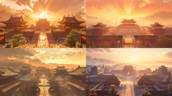 grand exterior view of han dynasty imperial palace complex, symmetrical layout, towering que gates, high stone platforms, sweeping double-eaved hip roofs with upturned eaves, vermilion pillars and golden decorations, intricate dougong brackets, mythical beast roof tiles, carved cloud patterns, misty morning with soft volumetric sunlight rays (tindal effect), warm amber sunrise hues casting long shadows, orange-tinted clouds in sky, grand central axis perspective, golden rooftops glowing under sunlight, majestic and imposing atmosphere, surrounded by grey brick walls, cypress trees in foreground, distant mountains, chinese ink painting texture mixed with hyperrealistic details, 8k resolution, ultra-detailed, cinematic lighting, soft atmospheric haze, ethereal glow，wide-angle lens view