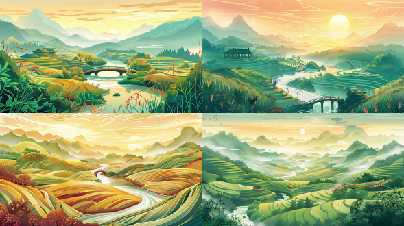 田园，小桥，流水，梯田，黄昏，阳光，山川，全景构图，复古国潮插画，流金线条，8k画质， 园林 竹子 国画