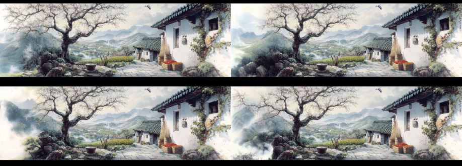 1990年代山区春日大全景，超宽庭院纵深，白墙青瓦建筑群沿缓坡层叠展开，左起古树虬枝擎天（树冠占画面1/3），右侧竹筛阵列晾晒霉干菜、朱红辣椒串与玉米辫，中庭石磨盘被嫩黄油菜苗环抱，青砖墁地呈放射状纹理延伸至雾霭松林，远景梯田茶坡与灰瓦屋顶交错隐现，桃花枝自右侧院墙探入画面形成拱形花廊，晨雾炊烟在建筑间隙拉出丝缕空间纵深感，檐角铜铃与晾衣绳碎花布构成对角线呼应，石径蜿蜒串连前院柴垛、中庭陶罐阵、后院竹篱菜畦，飞燕划破左上角天空平衡构图，晨光以15度角雕刻瓦当阴影