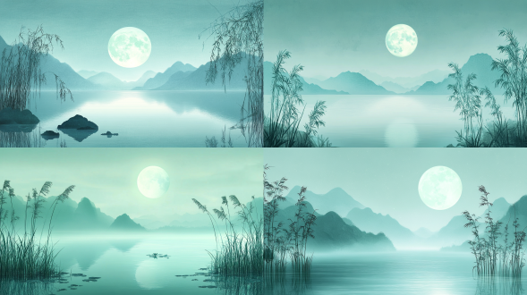 zen-inspired moonlit composition，moderate-sized jade moon positioned along the rule of thirds, radiating soft halo through rice paper-textured sky ，foreground: sparse ink-black reeds in xieyi (freehand) brushstrokes, curved stems echoing moon's arc ，mirror-like lake surface dissolving boundaries between reality and reflection, fractured lunar reflection rippling in monochrome indigo ，minimalist negative space occupying 70% frame, celestial balance achieved through asymmetric emptiness， color restraint: midnight cobalt gradients, moonlit mercury whites, single accent of celadon in water ripples ， style fusion: song dynasty ink wash austerity + modern light physics, reeds rendered with dry brush texture against liquid-smooth lake ，no mountains no stars no florals