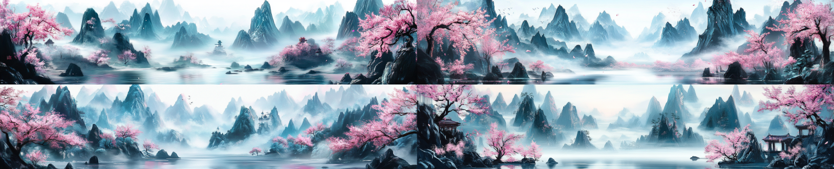这是一个非常详细的数字插图，描绘了一个宁静，空灵的景观。该场景的底部是一个平静，反映了天空和周围的景观。风景是高耸的，薄雾笼罩的山脉，蓝色和白色的阴影各不相同。山脉参差不齐，圆润的山峰，营造出一种深度和规模感。 在前景中，在图像的两侧，是盛开的樱花树簇。花朵鲜艳的粉红色和红色，为现场增添了动感和生活感。树木本身细长而精致。 天空是柔和的淡蓝色，在地平线上过渡成白色和浅蓝色的渐变，营造出梦幻般的氛围。整体色调凉爽而宁静，花朵的暖色调与水和山脉的冷色调形成对比。插图具有丰富的细节和纹理，具有流畅的数字艺术风格，捕捉了场景的宁静和美丽。