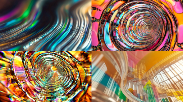 生物医药科技企业及实验室,液态金属表面基因编码流动特写，dna链解旋过程形成画面视觉漩涡，迷幻色彩粒子在设备轮廓边缘扩散