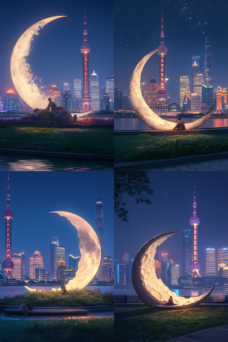 上海黄浦江滨水公园，东方明珠，巨大透光满月雕塑，草坡，人影，浪漫氛围，人行路星光，绚丽灯光，梦幻，城市天际线，星空，夜晚，星星闪烁，魔法光，温暖，闪光，反射，宁静，和平，剪影，月光，环境照明，柔和阴影，奇迹，惊奇，自然相连，无忧无虑，自然之美，捕捉瞬间，星光在手，长曝光，广角镜头，低角度，暖色调，侧光，高动态范围，夜景模式，光绘，梦幻效果。