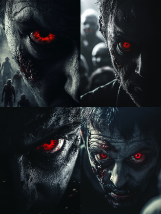 末日降临电影海报，红眼少年直视观众，丧尸逼近，紧张氛围，暗色调，高对比度，广角镜头，侧光，快速快门，恐惧，绝望。