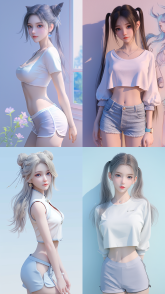 淡紫双马尾中国女孩，白吊带浅蓝短裤，贴报照片墙背景，三分构图，明亮清新，青春甜美风，3d建模，oc渲染，侧光。