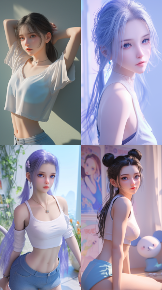 淡紫双马尾中国女孩，白吊带浅蓝短裤，贴报照片墙背景，三分构图，明亮清新，青春甜美风，3d建模，oc渲染，侧光。