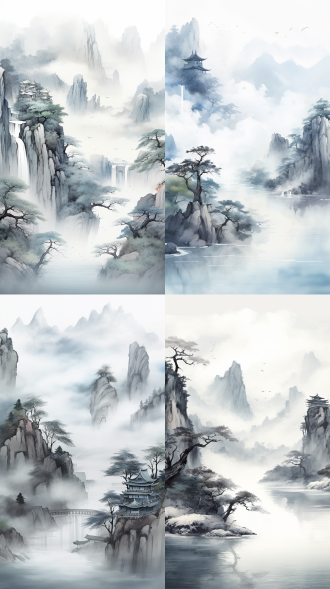 水墨风景画，山水对景，枯树苍松，流水潺潺，朦胧云雾，古风建筑，意境空灵，黑白灰青色调，细腻笔触，静谧情感，长焦镜头，柔和光线，低饱和度，自然环境，中国画风格，海报设计风格，禅意氛围。