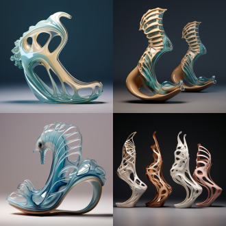 以海马为灵感来源设计系列鞋子。鞋子整体造型模仿海马的弯曲身形，鞋头微微上翘，鞋身呈柔和的弧线，营造出灵动的视觉效果。鞋面可以设计成海马的轮廓，通过线条和形状的巧妙组合，让鞋子看起来仿佛是一只可爱的海马。