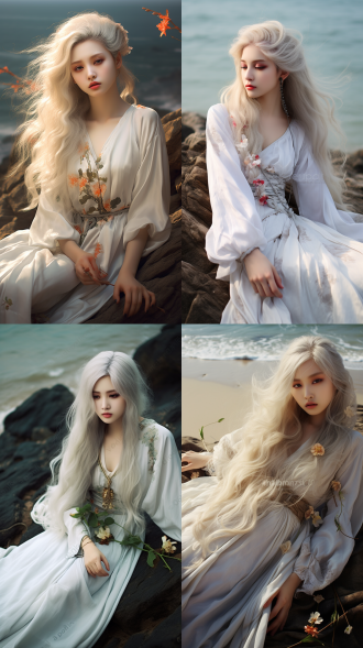 一个女孩，中国风，古风，白色长发，流仙古风长裙，绝美容貌，精致五官，白晰皮肤，正面看我，柔光，花海水边，躺在地上睁眼看我，俯视镜头