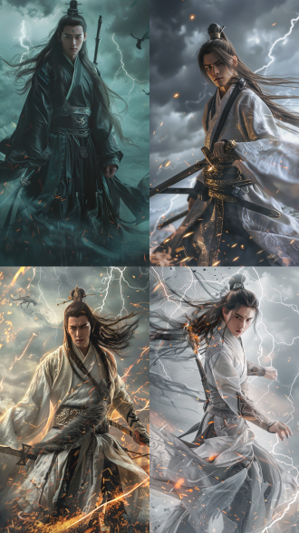 中国古代年轻男子，长发，古装，线条清晰，超8k，cg图，霸气！超现实，强壮的身体，英雄气概，电闪雷鸣，手持长剑，负手而立，地面符文，天上飞龙，震撼，仰视镜头，玄幻效果，超逼真，