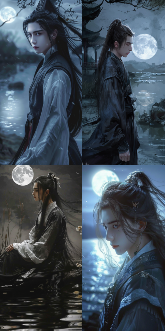 一个男孩，中国风，古风，长发，超级帅气，精致五官，白晰皮肤，黑色古装，月光下，水边，正面看我，健壮的身体