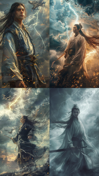 中国古代年轻男子，长发，古装，线条清晰，超8k，cg图，霸气！超现实，强壮的身体，英雄气概，电闪雷鸣，手持长剑，负手而立，地面符文，天上飞龙，震撼，仰视镜头，玄幻效果，超逼真，