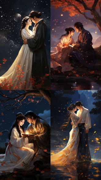 中国古代的情侣们仰望星空，汉服，真实感，不仅是为了观赏那遥远的星辰，更是为了在那些闪烁的星光中寻找与自己情感共鸣的故事。