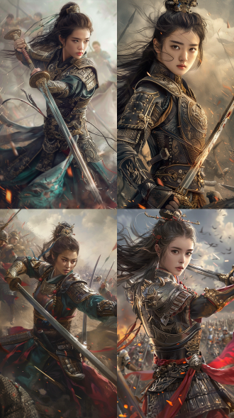 一个中国女将军在战场上英勇拼杀的场景。她身穿战甲，手持长剑，在战场上与敌军激战。她的剑法独特而凌厉，每一次挥剑都带着强大的力量和决心。她的眼神坚定，透露出对胜利的渴望和对敌人的无畏。尽管面对强大的敌人，她始终坚守阵地，展现出了中国军人的坚韧和勇气。这个场景展示了中国女将军在战场上的英勇形象，她们为国家和人民的利益而战斗，是真正的英雄。