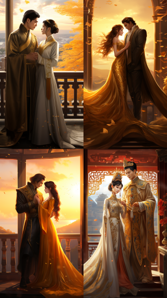 在中国古代的一个宁静的午后，国王和皇后站在高高的宫殿阳台上，俯瞰着蜿蜒流淌的江河。阳光洒在他们华丽的服饰上，闪烁着金色的光芒。 国王身穿一袭黑色的龙袍，上面绣着金丝，显得威严而庄重。他的眼神深邃，透露出对国家的忧虑和责任感。皇后则穿着一袭红色的凤袍，上面绣着精美的花纹，展现出她的高贵和优雅。 他们身后是一片翠绿的竹林，微风吹过，竹叶沙沙作响，为这宁静的场景增添了一抹生动。远处的江河如同一条蓝色的丝带，蜿蜒曲折，与周围的绿色山峦相映成趣。 河面上偶尔有渔船经过，渔民们挥动着渔网，捕捉着丰富的水产品。河岸两侧，一些农民正在辛勤地耕作，希望收获丰盛的粮食。 国王和皇后静静地欣赏着这一切，心中充满了对国家繁荣和人民幸福的期望。他们相信，只要国家和谐稳定，人民勤劳智慧，这片美丽的江河将永远滋养着他们的子孙后代。 在中国古代的一个宁静的午后，国王和皇后站在高高的宫殿阳台上，俯瞰着蜿蜒流淌的江河。阳光洒在他们华丽的服饰上，闪烁着金色的光芒。 国王身穿一袭黑色的龙袍，上面绣着金丝，显得威严而庄重。他的眼神深邃，透露出对国家的忧虑和责任感。皇后则穿着一袭红色的凤袍，上面绣着精美的花纹，展现出她的高贵和优雅。 他们身后是一片翠绿的竹林，微风吹过，竹叶沙沙作响，为这宁静的场景增添了一抹生动。远处的江河如同一条蓝色的丝带，蜿蜒曲折，与周围的绿色山峦相映成趣。 河面上偶尔有渔船经过，渔民们挥动着渔网，捕捉着丰富的水产品。河岸两侧，一些农民正在辛勤地耕作，希望收获丰盛的粮食。 国王和皇后静静地欣赏着这一切，心中充满了对国家繁荣和人民幸福的期望。他们相信，只要国家和谐稳定，人民勤劳智慧，这片美丽的江河将永远滋养着他们的子孙后代。