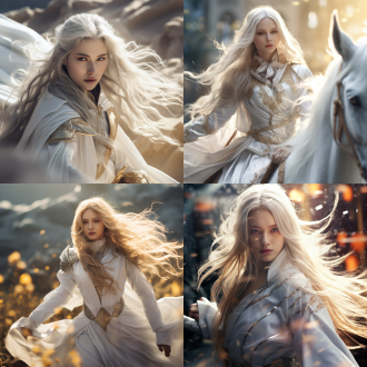 女子侠客修仙者，月白色长发，白色长袍，金色眼睛，仙境背景，超现实风格，广角镜头，柔和光线，动态模糊，神秘感，冷色调，宁静。 中式服装