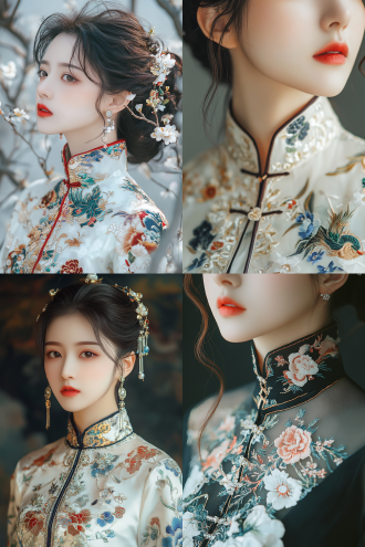 细腻刺绣旗袍，中式立领，高开衩现代改良，优雅花卉图案，精致珠饰丝绸，深红金绣，翡翠绿龙凤，白缎蓝白瓷，黑金丝绒，水彩淡色，复古中国风，奢华皇家感，浪漫永恒美，精致优雅，东方艺术氛围。