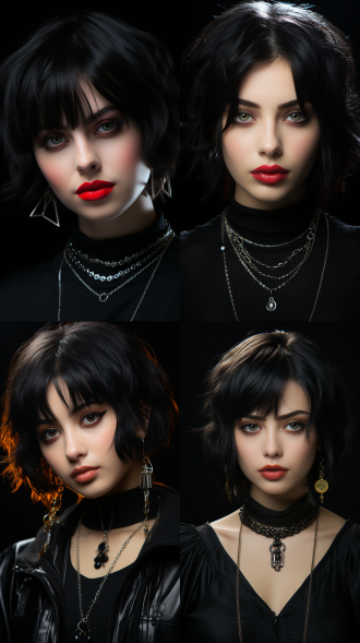 中性风格，黑色短发，细碎发丝，清透眼尾上挑，红色眼瞳，不屑表情，高高在上，眉压眼，皱眉，厚唇，锁骨链，美人痣，项链耳环，高冷，黑色背景，特写镜头，高光强调，冷色调，锐利焦点，神秘感。