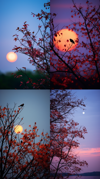 树梢上的几片叶子，几只小鸟站在树梢，光线柔和，流云，中间黄边上红明月挂背景正中，上钴蓝，紫，红，强对比，水分流鎏，构图平衡，自然环境，长焦镜头，逆光，慢快门，宁静，实景。