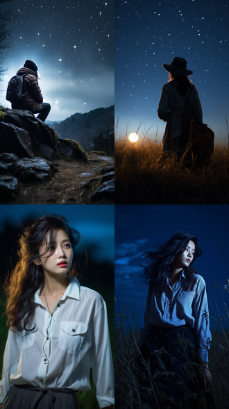 星空下的孤独旅行者，中国女人，白衬衫，仰望星空，背影孤独，夜晚，荒野，长焦镜头，低光，慢快门，静态，近实景，