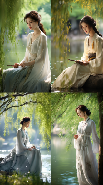 古装中国美女，湖边赏柳，手持油纸伞，超高清，真实感，长焦镜头，柔和自然光，湖水倒影，柳枝轻拂，优雅姿态，细腻肌肤，古典服饰，淡雅色调，宁静氛围。