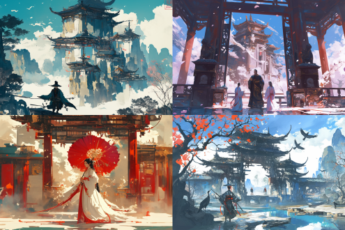 国潮手绘风格，中国古代建筑背景，高饱和色彩，逼真细节，动态光影效果，强烈对比，人物穿传统服饰，表情生动，水墨画质感，长焦镜头，自然光，静态构图，沉稳，历史感。