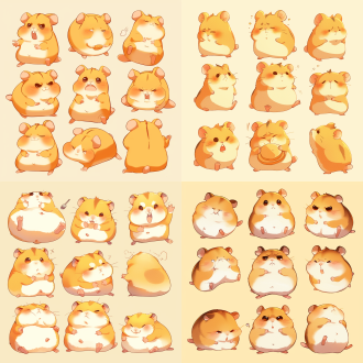 仓鼠吉祥物，多姿势表情，开心伤心生气，纯线插图，纯色填充，圆胖可爱，简洁线条，明亮色彩，商业广告，卡通插画，品牌形象，动态捕捉，平面设计，柔和光线，温馨氛围，亲和力，活泼生动。