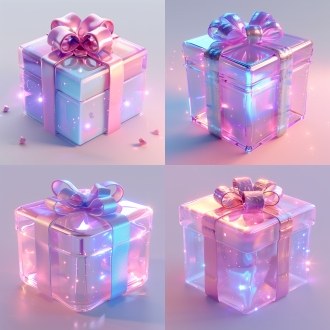 透明梦幻的礼物盒3d图标，打开盖子，神秘惊喜，柔和光线，室内环境，微距镜头，焦点清晰，礼物盒细节，卡通风格，粘土质感，光滑光泽，任天堂元素，等距视角，紫色、蓝色、粉色搭配，聚光灯效果，白色背景，突出细节，高清3d渲染，高分辨率，温馨，精致，梦幻。