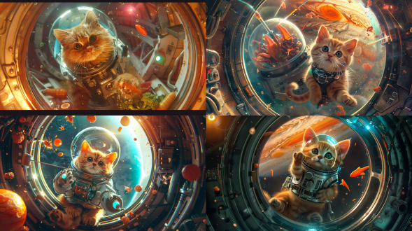 imagine prompt: a surreal sci-fi scene, 4k detailed, viewpoint: 45-degree overhead angle of a cylindrical spaceship kitchen floating in space, main subject: a fluffy orange tabby cat wearing a tiny spacesuit with a transparent oxygen bubble helmet, key elements: - zero-gravity cooking environment with floating vegetables (carrots, fish-shaped pouches), - molecular料理机 emitting rainbow light, - cat using photon whiskers to stir a pot of glowing stew, - jupiter's great red spot visible through the cockpit window, - solar flare particles interacting with the ship's force field, lighting: - ambient light from jupiter (amber tone), - cool blue light from the ship's reactors, - dynamic solar flare bursts (golden coronal loops), style: - studio ghibli meets concept art, - soft watercolor textures with digital precision, - 8k photorealistic details on cat's fur and spacecraft mechanisms,