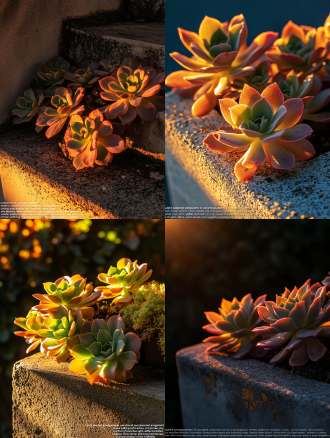"backlit composition of succulent arrangement in concrete planter, intense sunset light outlining fleshy leaves, long shadows stretching across weathered stone ledge, visible pollen particles in air, ultra-high contrast with preserved detail in highlights and shadows, nikon d850 photography style with focus stacking clarity"