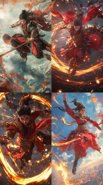 哪吒穿红战甲披混天绫踩风火轮空中对战，全景构图，3d渲染，高质量，暖光，动感姿态，奇幻氛围。