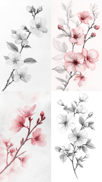 a pencil sketch of a delicate cherry blossom branch with a few blossoms and buds. use soft, delicate lines, and leave open space around the branch for an airy, light feel. adding just a hint of pink or red to the blossoms can bring out the retro vibe.