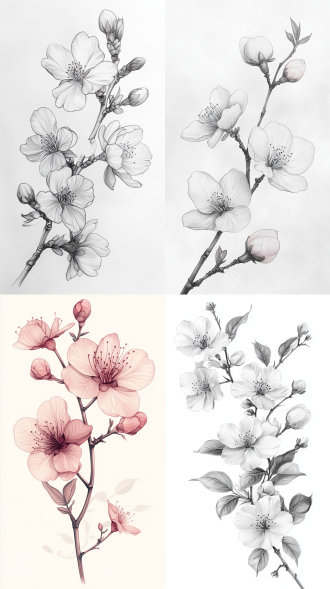 a pencil sketch of a delicate cherry blossom branch with a few blossoms and buds. use soft, delicate lines, and leave open space around the branch for an airy, light feel. adding just a hint of pink or red to the blossoms can bring out the retro vibe.