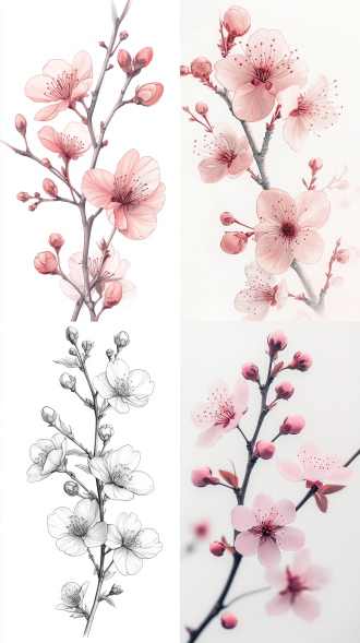 a pencil sketch of a delicate cherry blossom branch with a few blossoms and buds. use soft, delicate lines, and leave open space around the branch for an airy, light feel. adding just a hint of pink or red to the blossoms can bring out the retro vibe.
