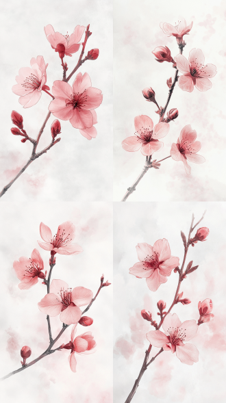 a pencil sketch of a delicate cherry blossom branch with a few blossoms and buds. use soft, delicate lines, and leave open space around the branch for an airy, light feel. adding just a hint of pink or red to the blossoms can bring out the retro vibe.