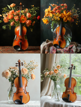 violin and flower bouquet in glass vase
