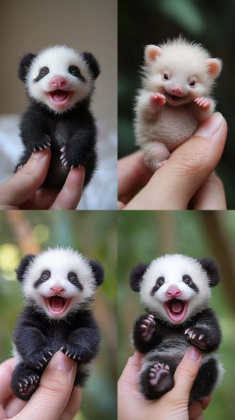 the world's smallest laughing baby panda, perched on someone's finger, is undoubtedly cute and charming. the photo is very realistic and captures the subtle features of the tiny piglet with precise precision.