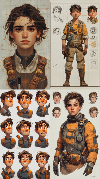 中国 a young steampunk mechanic’s expression sheet, with grease-smudged cheeks and a tool belt strapped across their chest. the grid highlights contrasting emotions