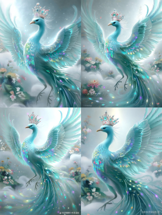 画面风格是通过细腻笔触与柔和色彩渲染，展现梦幻意境的插画风格。正面视角，一只羽毛呈淡蓝色、带有五彩光泽的凤凰，它的每一根羽毛都细腻描绘，有着柔和的色彩过渡。凤凰头顶华丽镶嵌宝石的皇冠，宝石色彩丰富，有红色、蓝色、紫色等，在皇冠上闪烁着光芒。凤凰翅膀展开，姿态优雅而威严，翅膀上的羽毛层次分明，五彩光泽在羽毛上流动。背景是云雾缭绕的场景，云雾以白色和浅蓝色为主，有着柔和的边缘，仿佛在轻轻飘动。其间点缀着一些色彩柔和的花朵，花朵颜色有粉色、浅黄色、淡紫色等，花瓣形状各异，有的呈圆形，有的呈细长形，营造出空灵、神秘的氛围。整体色调清新淡雅，以浅蓝色和白色为主，辅以五彩光芒增添奇幻感。构图上，凤凰位于画面中心，突出主体，给人一种高贵而神圣的视觉感受