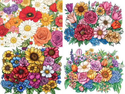 create a realistic and colorful cover for a coloring book, featuring a diverse array of flowers in bouquet in full bloom on white background. include a variety of flowers such as roses, tulips, daisies, and sunflowers, each depicted with natural colors and intricate details. the composition should be vibrant and appealing, showcasing the unique beauty of each flower type. ensure the flowers are arranged in a harmonious and aesthetically pleasing manner, with a focus on realism and botanical accuracy. this cover should inspire creativity and relaxation for those who enjoy coloring and appreciate the beauty of nature,,in clothes