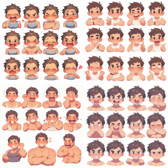 创作一系列可爱的肌肉男人表情包，黑眼睛，到肩膀，穿着同样的衣服，16种不同的姿势和情绪，表情的表格排列组合，白色背景，明亮的颜色，最佳的质量，超级细节，8k,