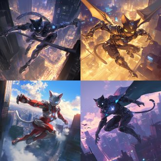 猫咪战士腾空，奥特曼服装，城市上空，动态捕捉，广角镜头，逆光，高速快门，战斗姿态，金属质感，未来感，紧张气氛。