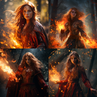 在画面中，一位大约25岁的女性魔法师站在一片被火焰照亮的神秘森林中。她穿着一件带有火焰纹样的长袍，长袍上的火焰图案仿佛在燃烧，随风舞动。她的长发在末端带有火焰效果，仿佛头发也在燃烧，为她增添了神秘和力量。她的眼睛瞳孔中隐隐闪烁着火焰，透露出她强大的魔法力量。她手持一根法杖，法杖顶部有一个燃烧的宝石，散发着炽热的光芒。背景是一片神秘的森林，周围的树木和植物都被火焰照亮，光影交错，氛围充满了魔幻与危险。