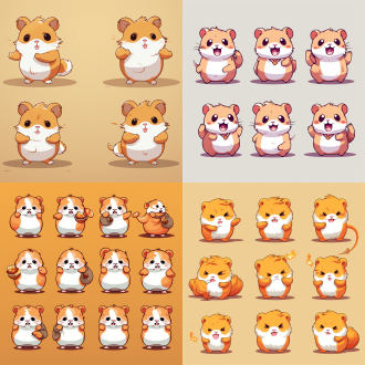 仓鼠吉祥物，多姿势表情，开心伤心生气，纯线插图，纯色填充，圆胖可爱，简洁线条，明亮色彩，商业广告，卡通插画，品牌形象，动态捕捉，平面设计，柔和光线，温馨氛围，亲和力，活泼生动。