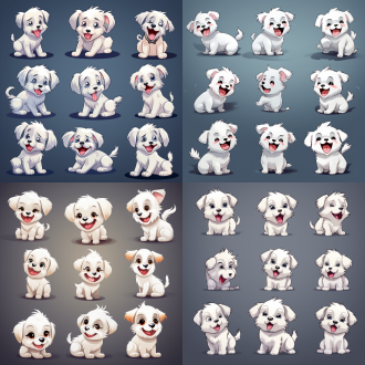 白色毛发小狗，漫画风格，快乐、伤心、大笑、哭泣、委屈、表情，互动动作序列，深灰色背景，vector illustration，chibi风格，8k质量，sticker group8素材，高饱和度，明亮色彩，动态姿势，夸张表情，简洁线条，可爱造型，温馨氛围，情感表达。